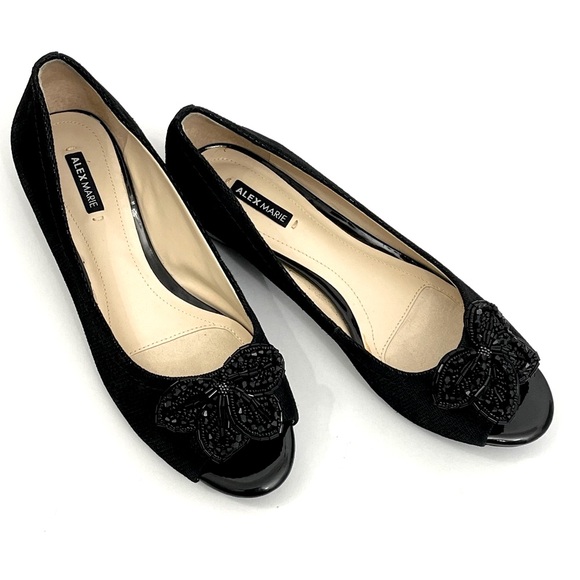 Alex Marie  7M Shoes Black Wedge Slip On Open Toe Beaded Cluster - Picture 1 of 12